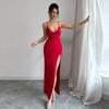 Women Evening Party Strap V Neck Satin Solid Color Package Hip High Split One Piece Dress
