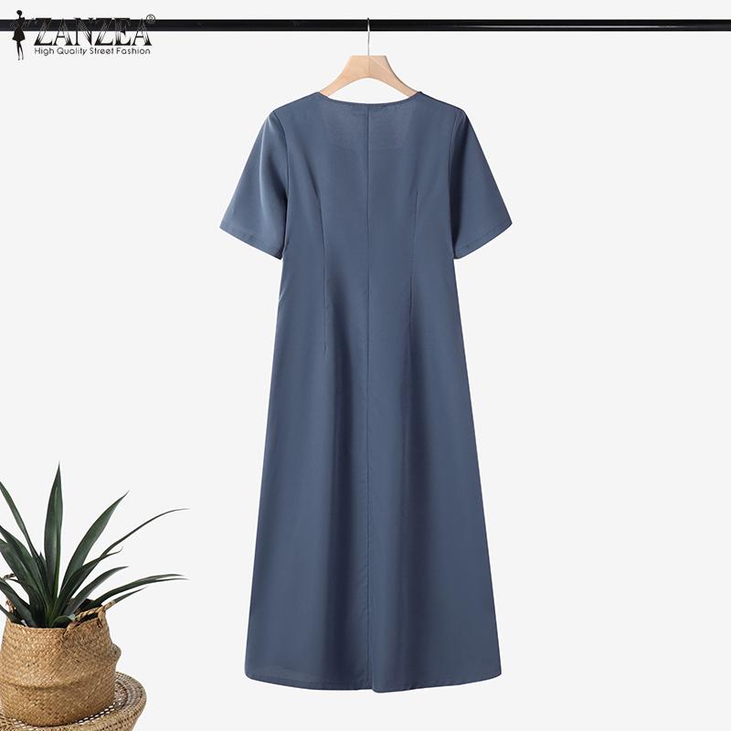 ZANZEA Women Casual Square Collar Short Sleeve Summer Long Dress