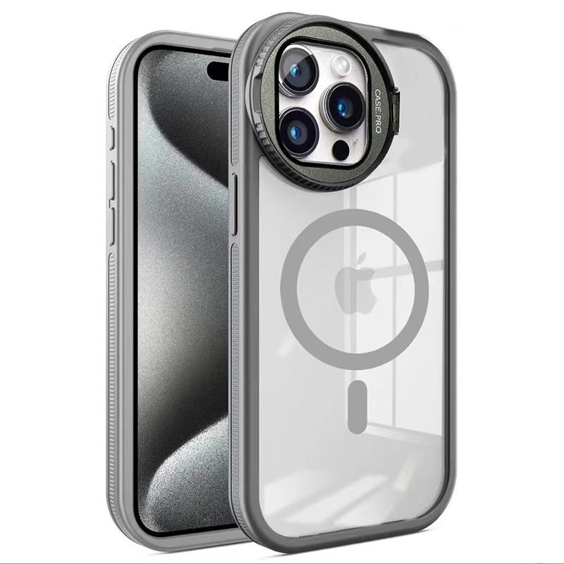 

For iPhone 14 Pro Max Case Glass Lens Cover Kickstand TPU+Acrylic Phone Cover Compatible with MagSafe Grey