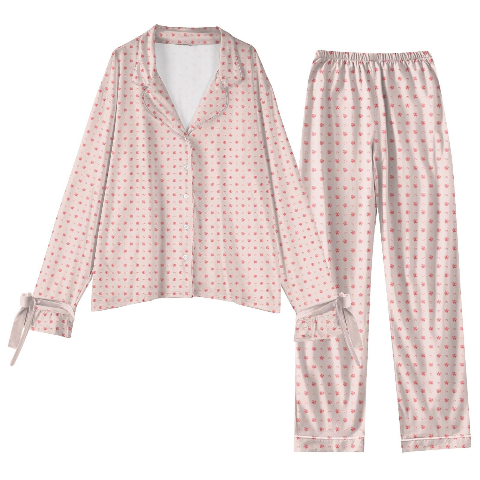 

Женский костюм из 2 предметов с принтом, топ на пуговицах с длинными рукавами, широкие брюки, комплект, пижамный домашний повседневный костюм L бежевый