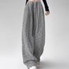 Women's Gray Striped High-Waisted Wide-Leg Pants - Floor-Length Slimming Drapey Trousers