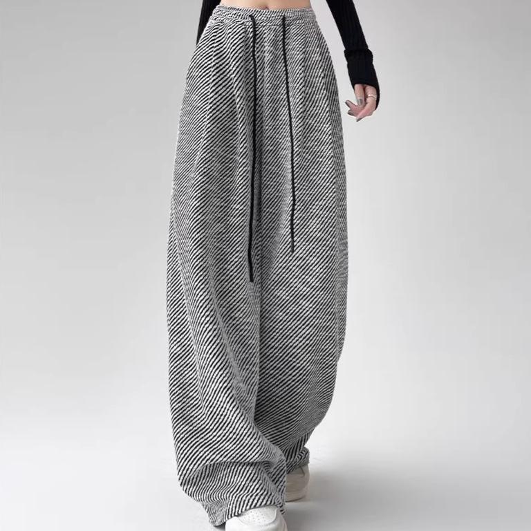Women's Gray Striped High-Waisted Wide-Leg Pants - Floor-Length Slimming Drapey Trousers