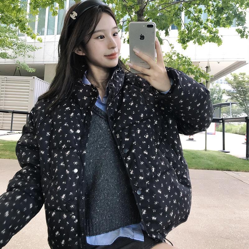 Small floral stand-up collar short down cotton-padded jacket new small bread jacket women's winter cotton-padded jacket