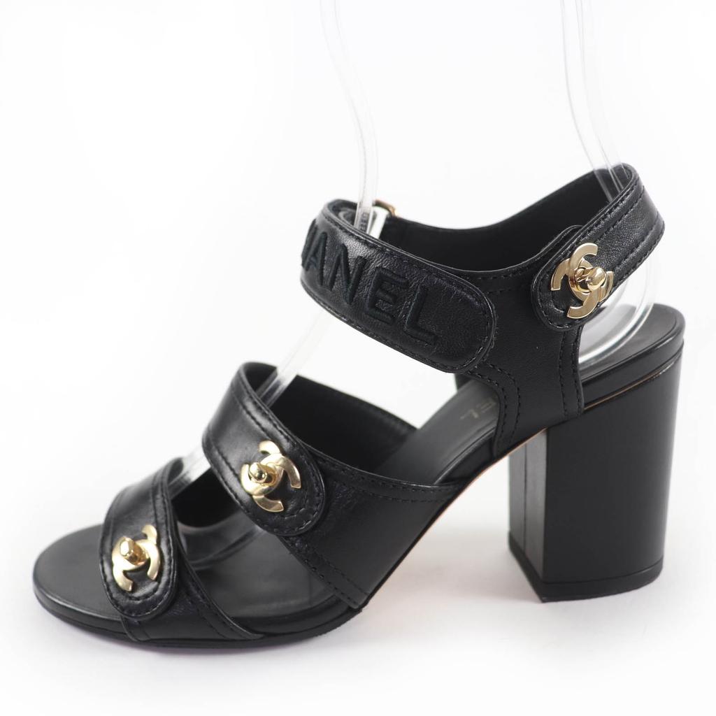 Great CHANEL Sandals COCO Mark Turn Lock Leather black leather Women 37 G37387 Used