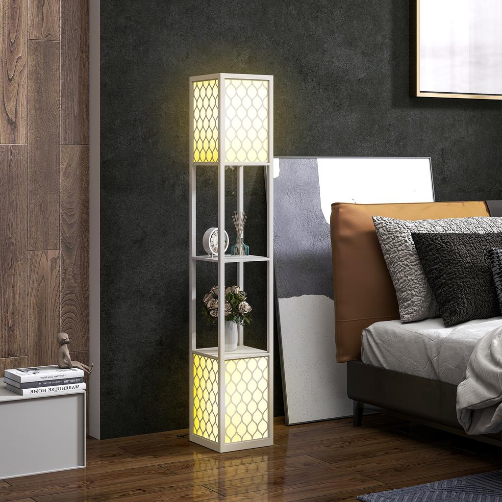 Floor Lamp In Modern Design, 2 Shelves, Pull Chain Switch, 26 Cm X 26 Cm X 156 Cm, Black + White