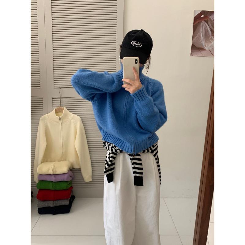 Autumn and winter new wear long-sleeved zipper knitted cardigan top women's small solid color lazy sweater jacket