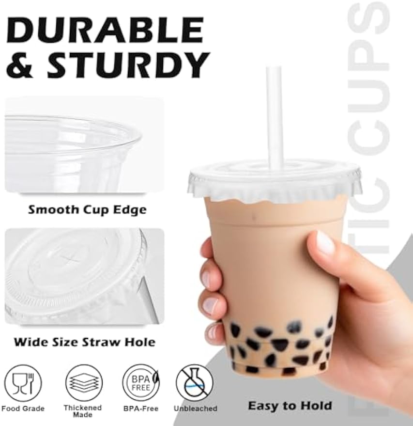 100 Pack 16 oz Plastic Cups, Disposable Iced Coffee Cups with Lids and Straws, Smoothies Milkshakes Juice, Sturdy Crystal Clear, Home Office Party