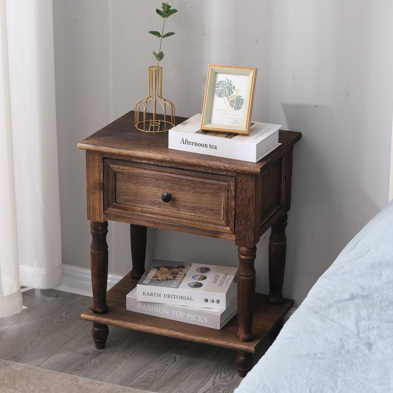Solid Wood Nightstand Vintage French Distressed Bedside Table with Drawer for Bedroom Storage Cabinet Side Table