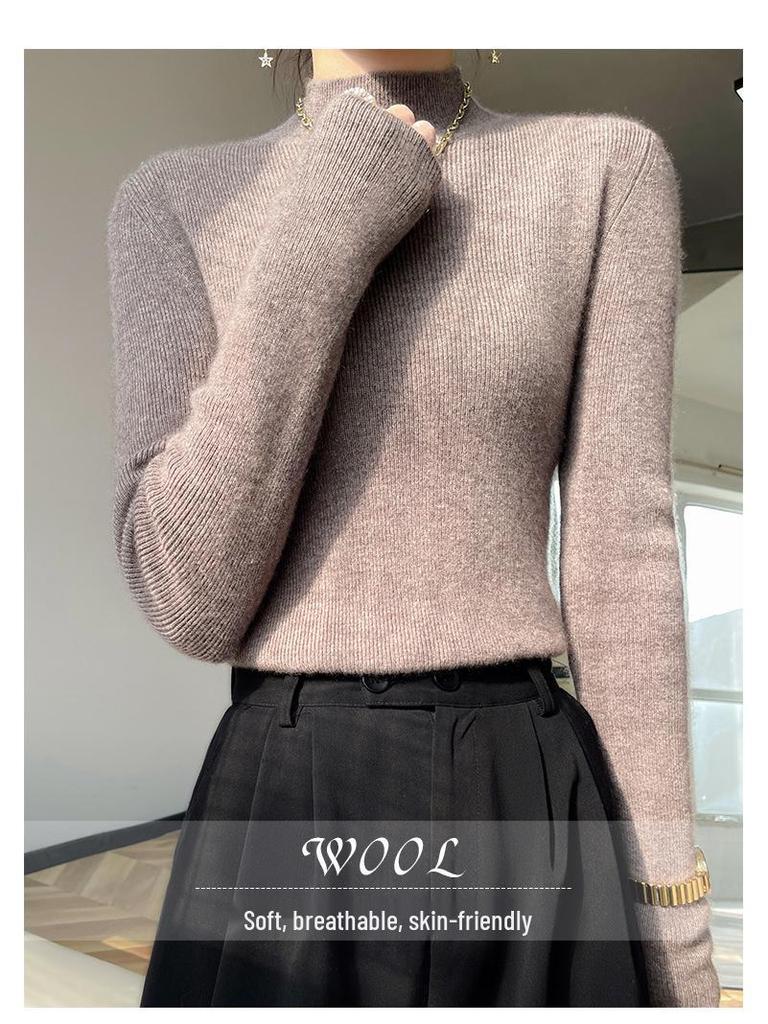 Women's Slim-Fit Semi-High Neck Long Sleeve Knitwear Pullover for Autumn and Winter