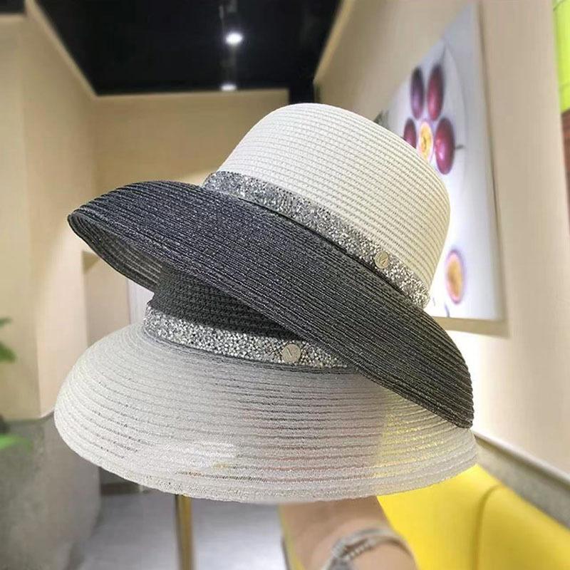 Hat Celebrity Hepburn Rhinestone Silver Silk High-end Sun Hat Straw Hat Foreign Style Holiday Leisure Sun Hat