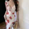 Red Rose Print Collar Chiffon Dress Women's Summer New Design Sense Careful Machine Vacation Long Skirt