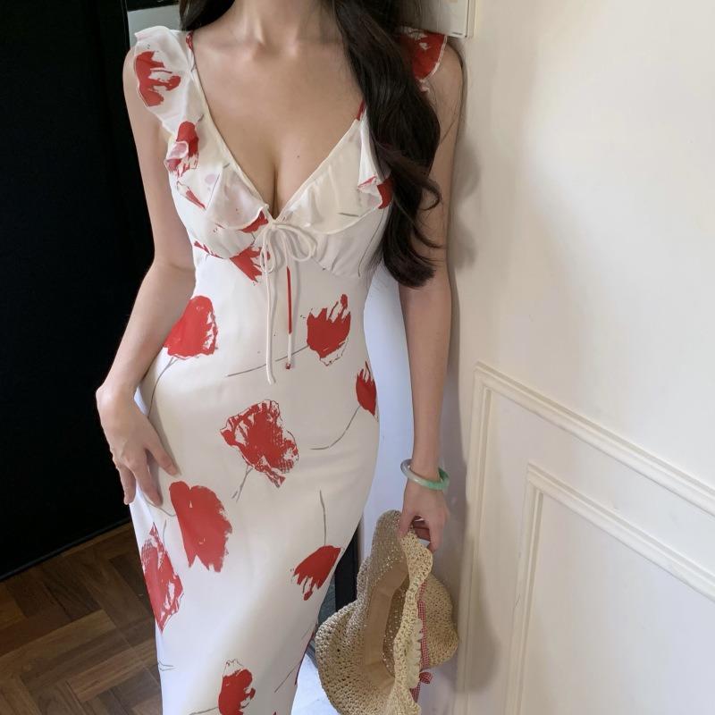 Red Rose Print Collar Chiffon Dress Women's Summer New Design Sense Careful Machine Vacation Long Skirt