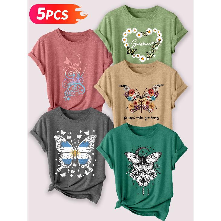 Go for a specific forest-themed, fresh floral and butterfly artistic aesthetic print Five-piece set of women's short-sleeve tops Elegant summer
