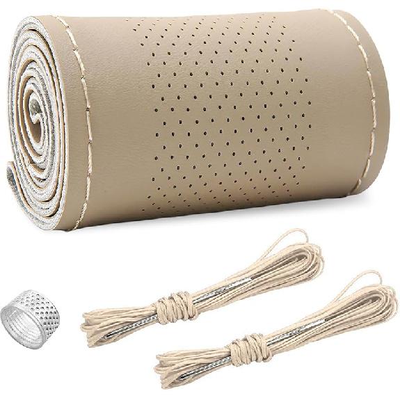 Ziciner Genuine Leather Steering Wheel Cover, Stitch On Wrap, Breathable Anti-Slip Car Steering Wheel Protector For Max Diameter 15 Inch, DIY Sewing