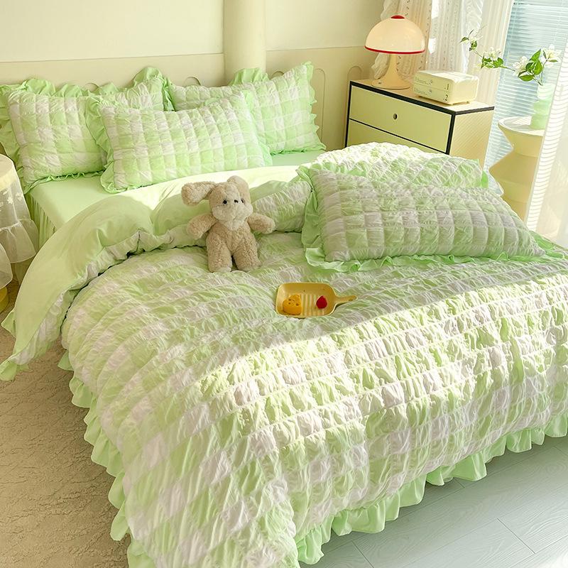 Washed Cotton Plaid Seersucker Bed Four-piece Set, Bed Sheet, Bed Skirt, Quilt Cover, Dormitory Bedding Three-piece Set