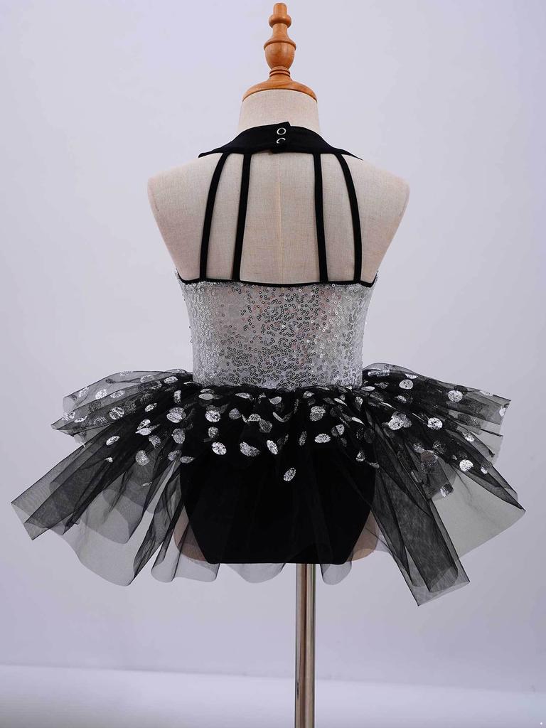 Kid's Casual Sequins Decor Polka Dots Print Hollow Back Suit Style Turndown Collar Party Dresses Dance Wear