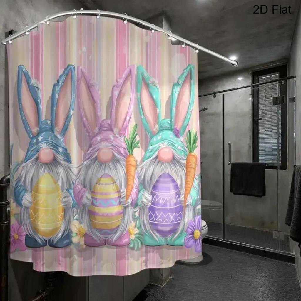 2D Flat, 2D Flat, 2D Flat Shower Curtain, 1pc Bathroom Shower Curtain, Easter Egg Hunt, Easter Shower Curtain, with 12 Hooks, 17