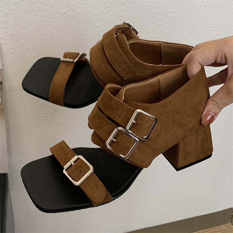 Fashion Eilyken Summer Square Toe Buckle Strap Sandals Women Fashion Chunky Heels Banquet Ladies Shoes Zapatos Mujer