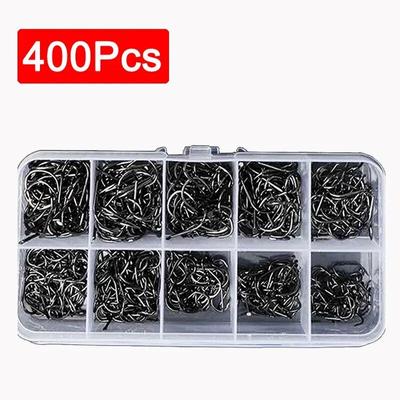 400Pcs Boxed High Carbon Steel Fishing Hooks Wide Gap Offset Fishing Hook Set for Saltwater and Freshwater with 10 Sizes