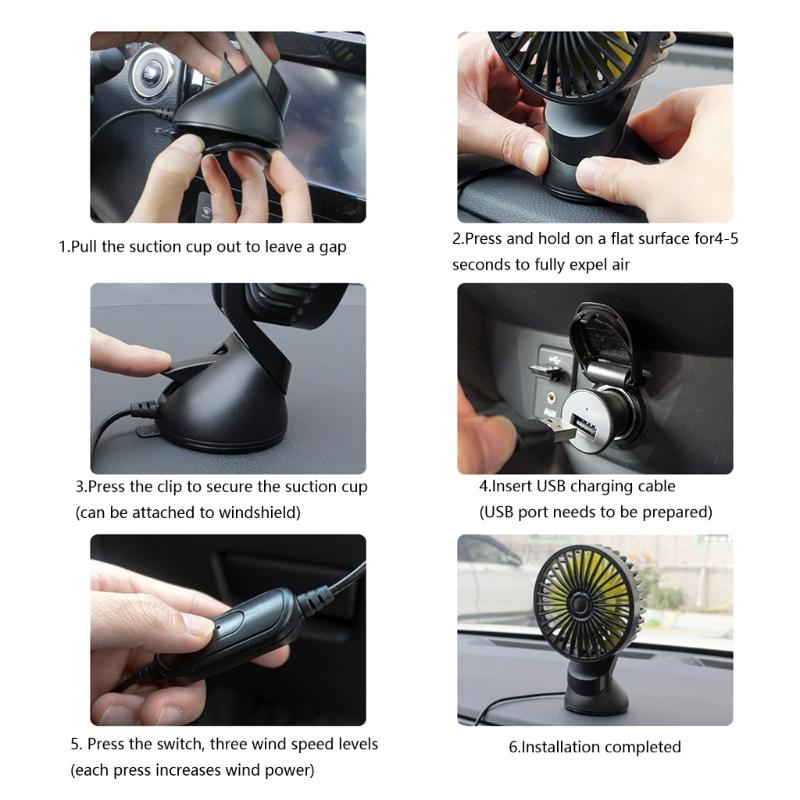 Car USB Clip Fan with 360 Degree Rotation & Strong ABS Suction Cup Portable Auto Suction Cup Fan for Vehicle Cooling