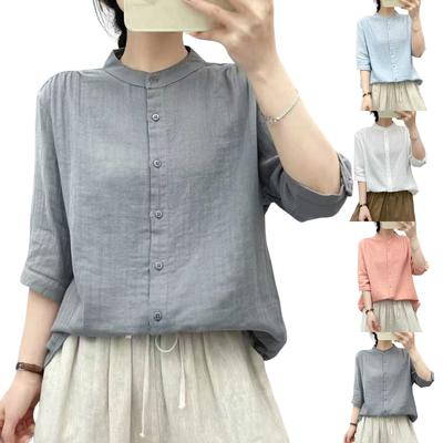 Women's Fashionable Casual Oversized Double-Layer Cotton Yarn Stand Collar Shirt With Mid-Length Sleeves In Colour Top