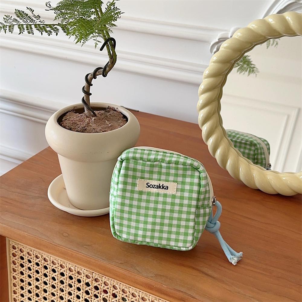 

Soft Canvas Plaid Pattern Sanitary Pad Storage Bag Stylish Small Zipper Pouch Green Grid