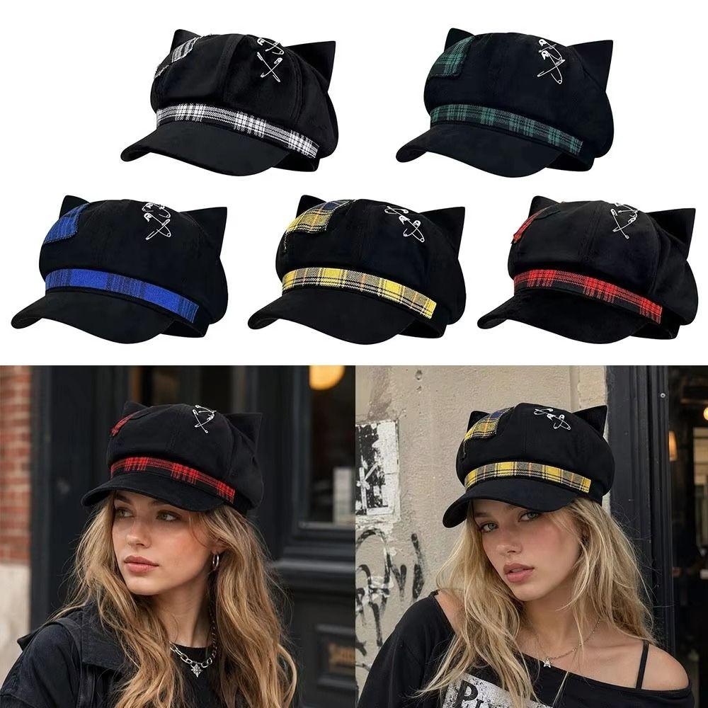 Berretto a Cuffia con Orecchie da Gatto Y2K Bordo Sottile Cappello da Pittore Artista Carino Cappellino da Giornalaio con Visiera Quotidiano
