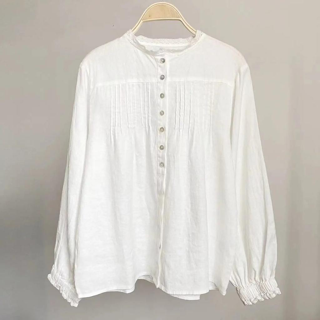 Johnature Frühling Frauen Shirts Tops Vintage Rüschen Casual Lose Plissee Feste Farbe Alle Spiel Frauen Blusen