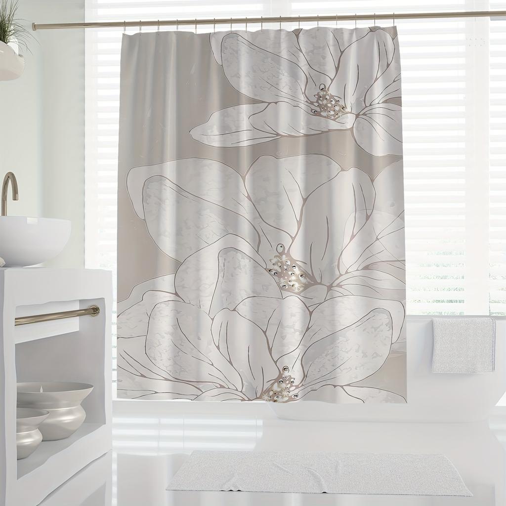 1 Modern Floral Shower Curtain - Polyester Bathroom Decor, White Flowers and Beige Background, Machine Washable, Modern Decor