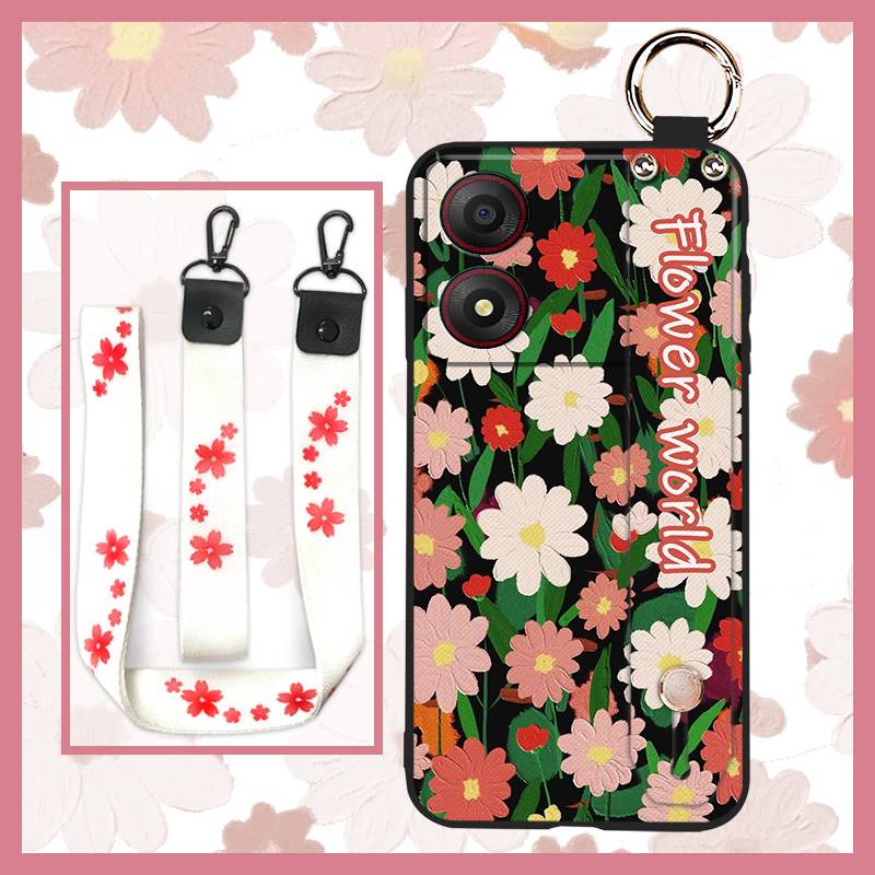 Kickstand Oil Painting Phone Case For ZTE Blade A34 Anti-dust Ring Fashion Design Anti-knock Lanyard Wrist Strap Flower