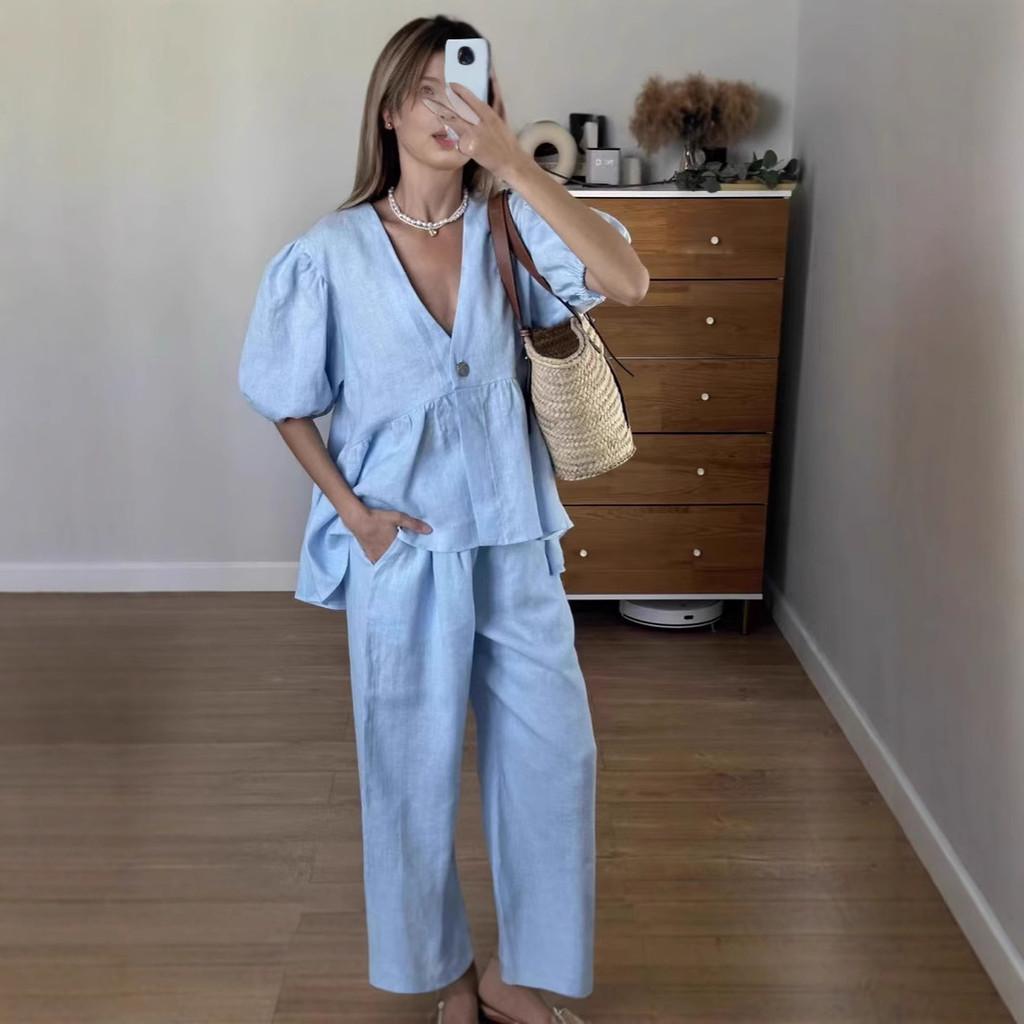 French Sweet Style Solid Vneck Bubble Sleeve Pantsuit With Tie For Summer Casual Wear