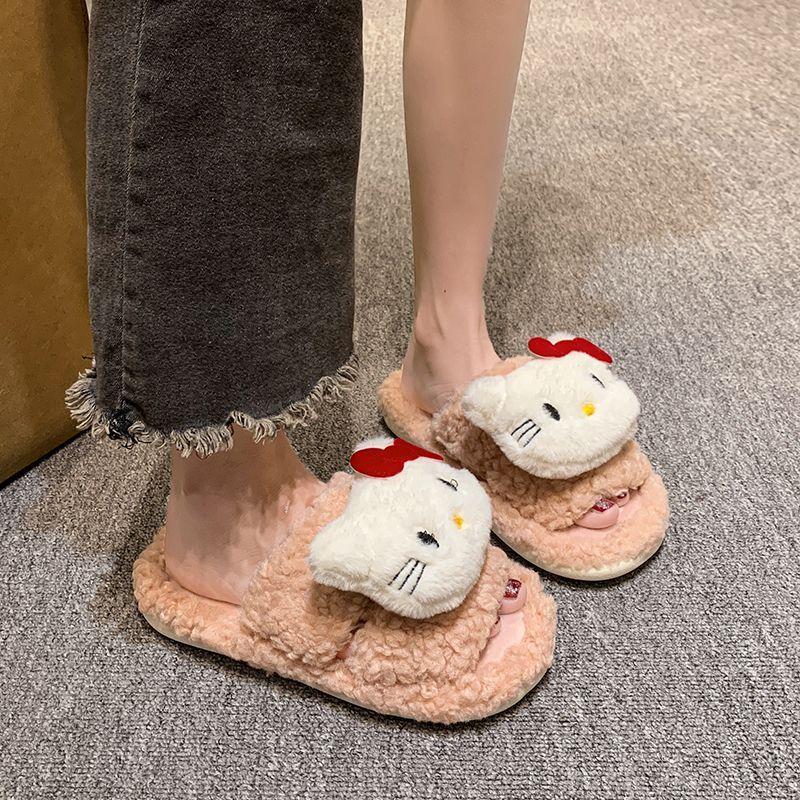 High-value Xiaoxiangfeng flat-bottomed cotton slippers, cute cartoon kitten soft bottom one-word drag girl