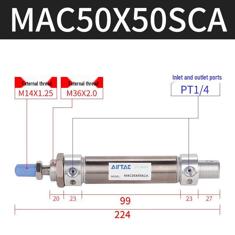 Yadake AIRTAC Stainless Steel Mini Cylinder MAC Series (Sizes: 50X25 to 150X175)