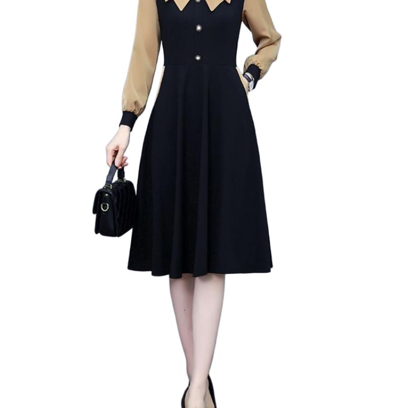 Women's Korean-Style Casual Slimming Elegant A-Line Dress Zipper Patchwork Button Fake Two-Piece Long-Sleeve Dress