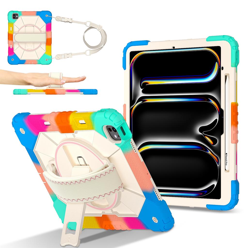 For iPad Pro 13 (2025)/13 (2024) Case Silicone + PC Kickstand Tablet Cover with Handy Strap, Shoulder Strap
