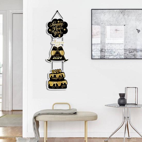 3ks 2024 Dveřní plaketa na Silvestrovský večírek se závěsným lanem Vytvořte slavnostní atmosféru Jemné zpracování Dveřní cedule