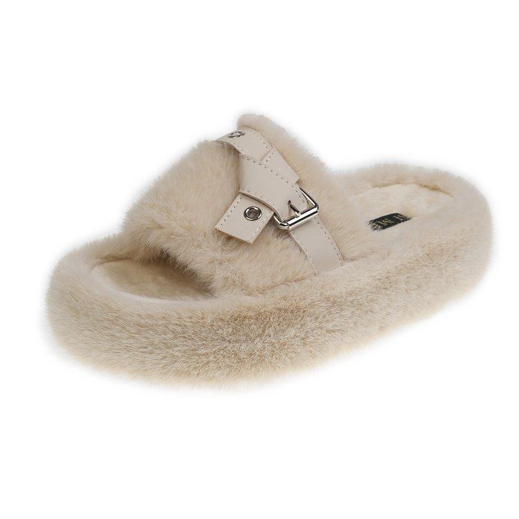 Fashion belt buckle thick bottom Internet celebrity fluffy slippers women's 2025 winter new wear non-slip versatile warm one-word drag