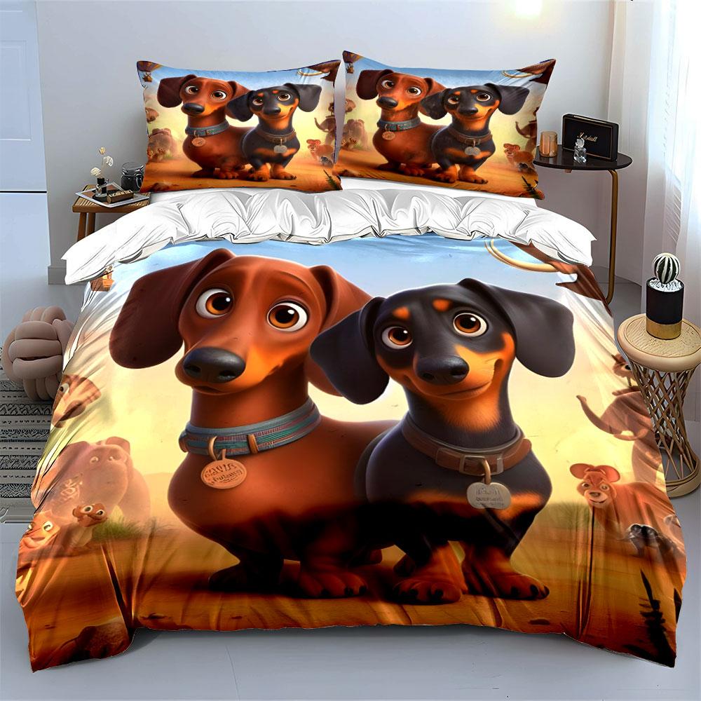 3Pcs Dachshund Bedding Set, Cute Cartoon Wiener Dogs Print Duvet Cover + 2 Pillowcases, Large-Sized Home Decor, Gifts