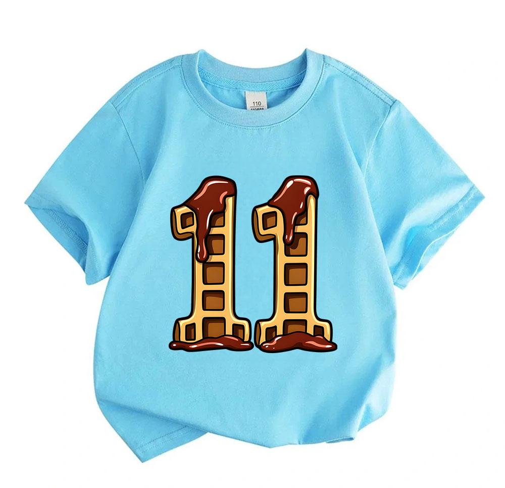 Kids Boys Girls 100% Cotton Crew Neck Short Sleeve T-Shirt, Funny Waffle Number 11 Print Tee for 11th Birthday Party Casual Soft Lightweight Summer To