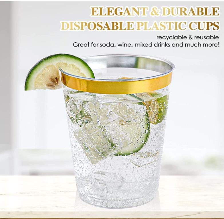 50 Pack Gold Rimmed Plastic Cups 10 Oz Clear Tumblers Fancy Disposable Hard Plastic Cups with Gold Rim for Wedding Elegant Party
