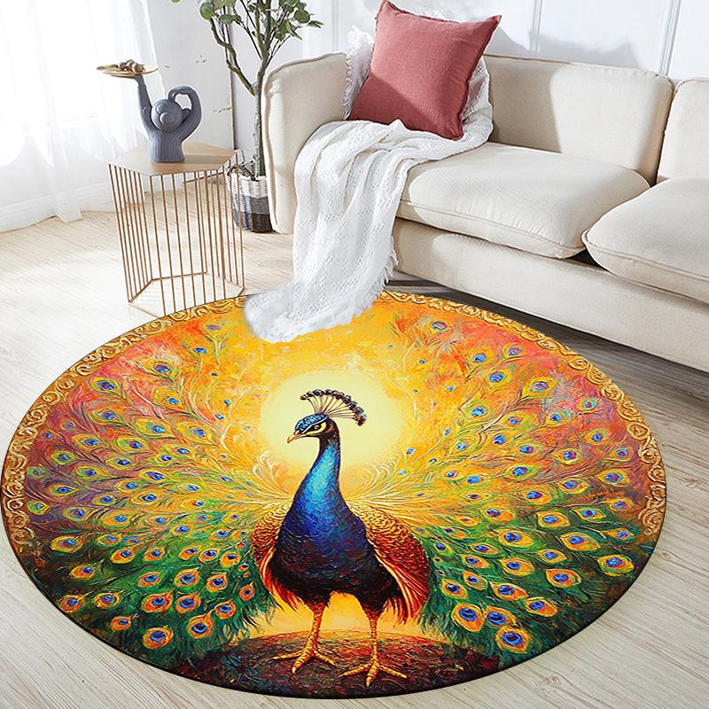 Peacock Round Area Rug,Carpet Rug for Living Room Bedroom Sofa Playroom Decor,Non-slip Floor Mat