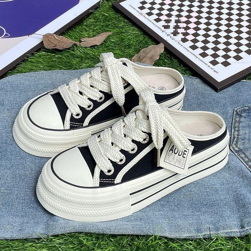 Plateau-Canvas-Schuhe Damen 2025 Sommer neu vielseitig ohne Absatz Halbschlappen Ein-Pedal weiße Schuhe Freizeitschuhe