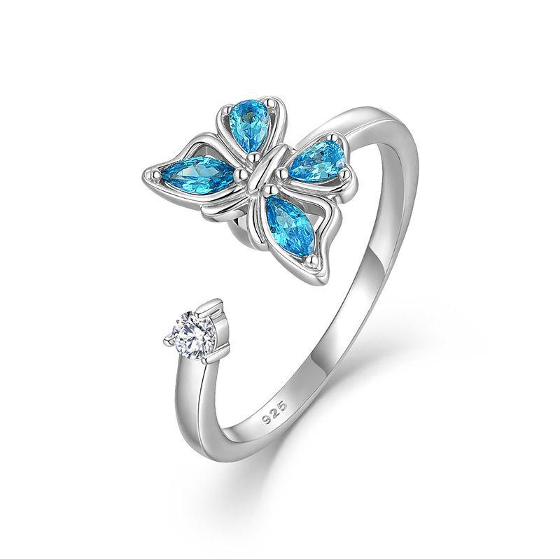 S925 Sterling Silver Rotating Butterfly Open Ring with Colored Zirconia for Women