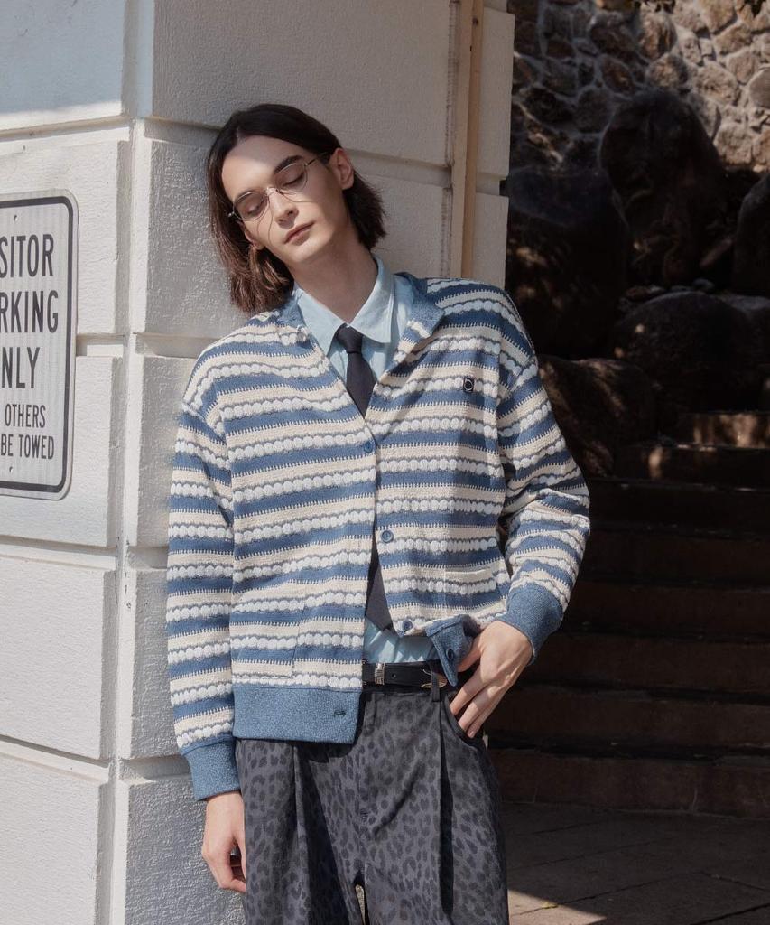 Allamseoul Alarm Loop Striped Knit Cardigan_Blue