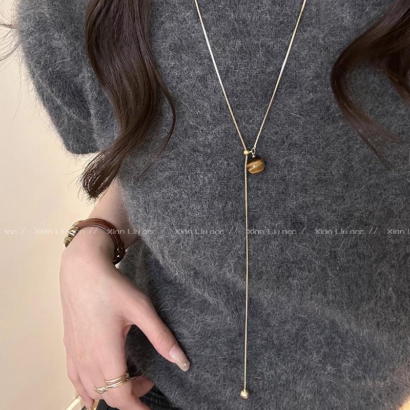 Catena Lunga per Maglione in Pietra Occhio di Tigre - Collana di Lusso Autunno/Inverno 2024 per Donna