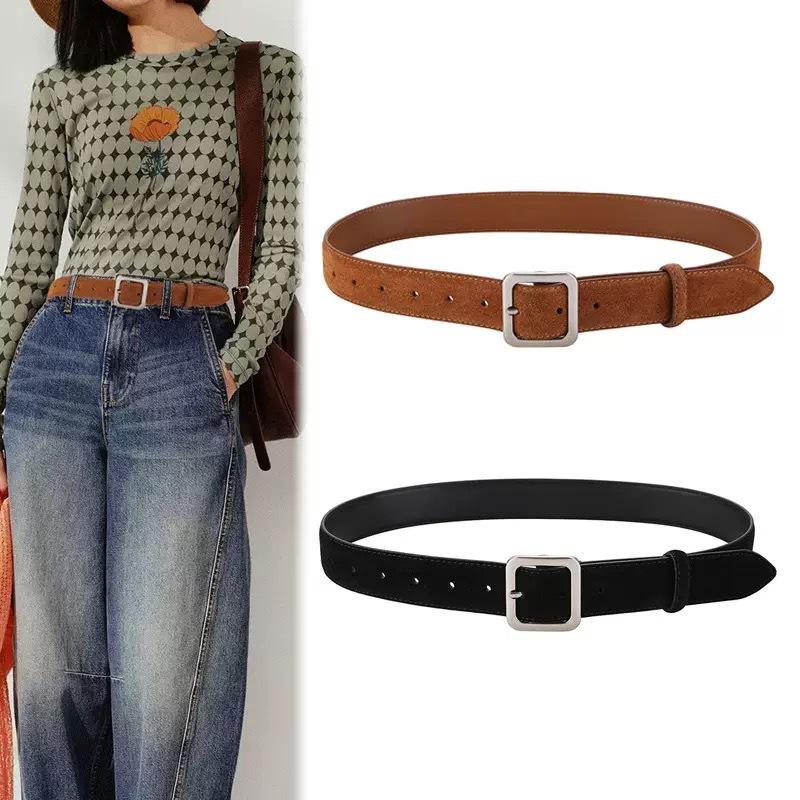 Korean Imitation Suede Velvet Leather Belt Women'S Casual Simple Silver Square Buckle Suede Belt With Jeans