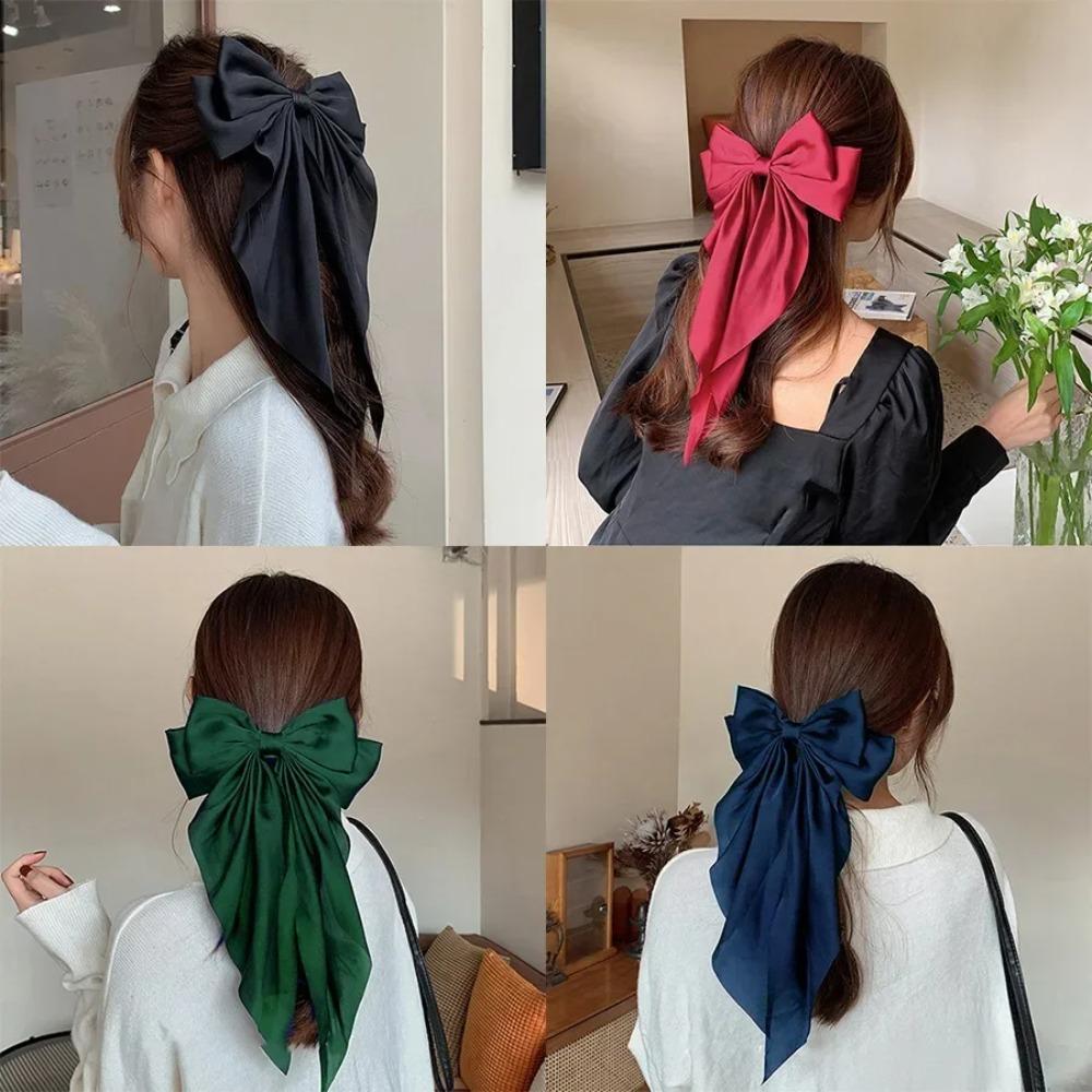 Korean Accessories Hair Clips for Women Girls Big Bowknot Solid Satin Long Ribbon Bows Spring Clamp Barette Cheveux Femme 2026