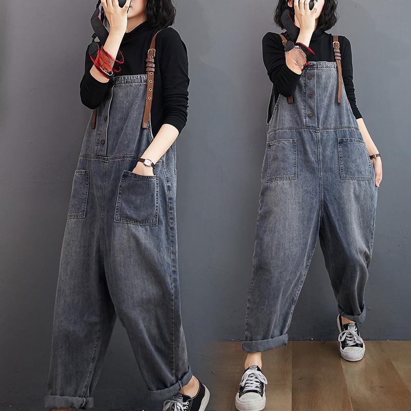Salopette da donna primaverile e autunnale larga a gamba dritta sottile in denim lavato a nove punti