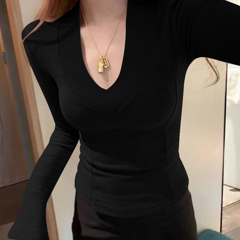 Simple Sexy Threaded V-neck Sweater Base Shirt for Women Spring Solid Color Slim Flared Sleeve Knitted Sweater