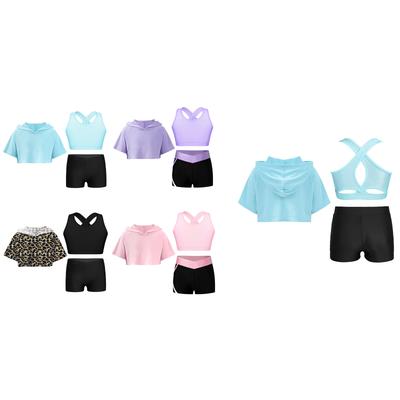 Tenue de Danse 3 Pièces pour Filles Gymnastique Crop Top à Capuche Sans Manches Camisole et Short Ensemble Survêtement